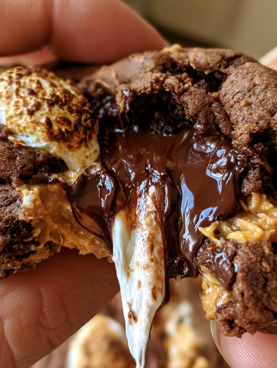 Macro de una galleta chocolate crema cacahuate abierta mostrando el estiramiento del malvavisco y el relleno fluido.