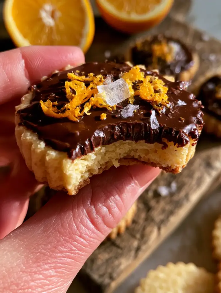 Bandeja rústica con galletas mantequilla naranja chocolate y rodajas de naranja fresca en el fondo.