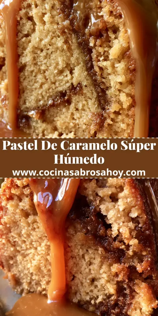Una rebanada gruesa de pastel caramelo azúcar morena con glaseado brillante goteando sobre un plato cerámico rústico.