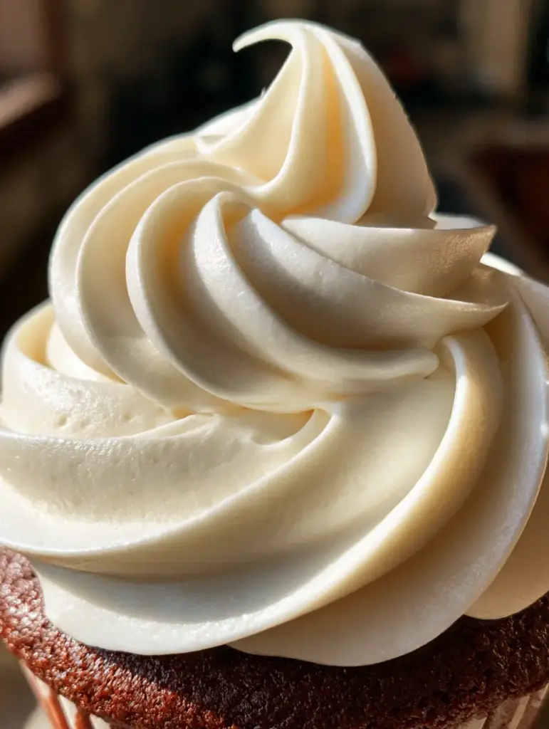 Detalle extremo de la boquilla marcando la crema mantequilla con pudín en un cupcake húmedo.