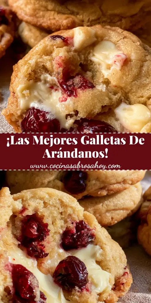 Primer plano de galletas de arándanos doradas con chocolate blanco derretido y textura rústica.