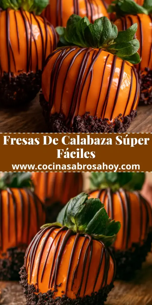 Primer plano de fresas de calabaza gourmet con cobertura naranja y veteado de chocolate sobre una tabla de madera rústica.
