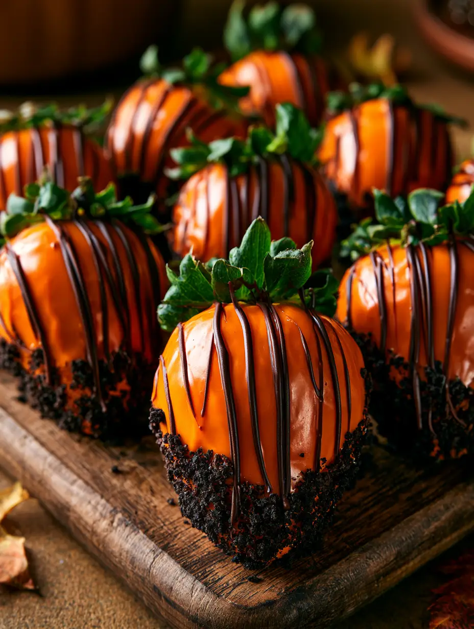 Foto tomada con celular de fresas de calabaza con base de galleta de chocolate y hojas verdes frescas.
