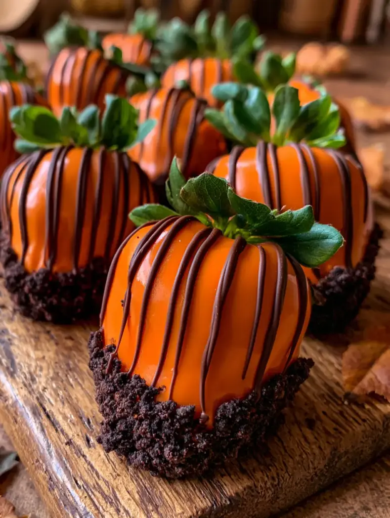Fresas grandes cubiertas de caramelo naranja brillante y chocolate oscuro en una cocina acogedora.