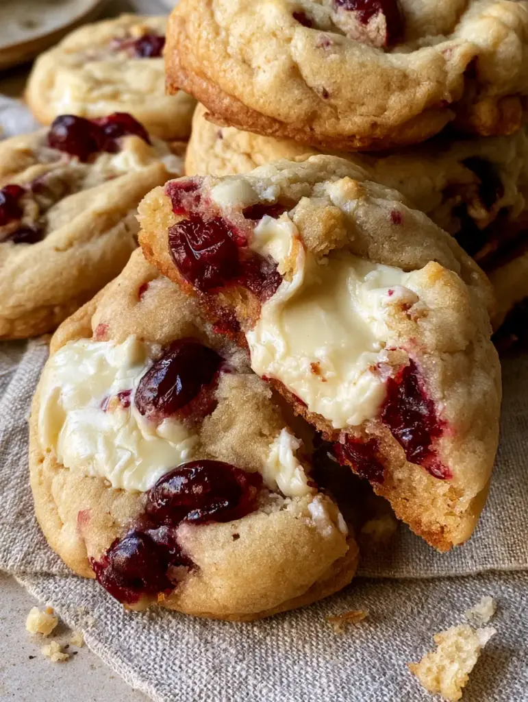 Galleta de arándanos partida por la mitad mostrando chocolate blanco fundido y arándanos rojos brillantes.