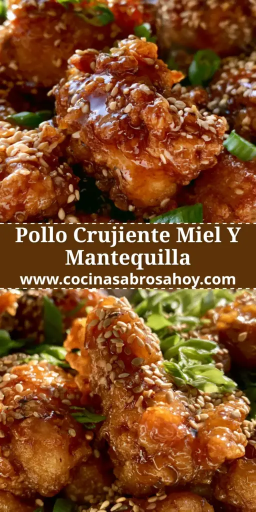 Primer plano extremo de un bol de pollo a la miel crujiente con glaseado brillante, sésamo y cebollín sobre fondo de madera.
