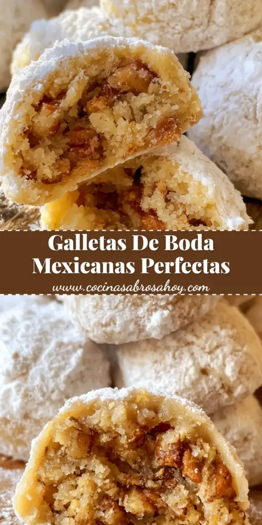 Primer plano de galletas de boda mexicanas apiladas, cubiertas con abundante azúcar glass blanca en una tabla rústica.
