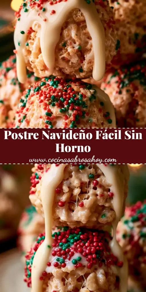 Primer plano de bolitas de rice krispies navideñas apiladas con glaseado de chocolate blanco y chispas de colores en un plato rústico.