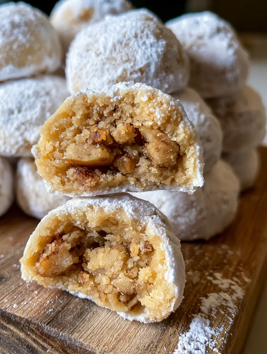 Galleta de boda mexicana rota a la mitad mostrando el interior dorado con trozos de nuez pecana. (galletas de boda mexicanas)