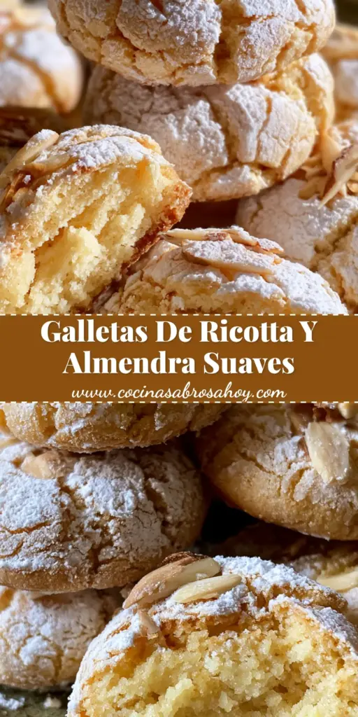 Pila de galletas de ricotta esponjosas con azúcar glass y almendras fileteadas en un plato rústico. (galletas de ricotta)