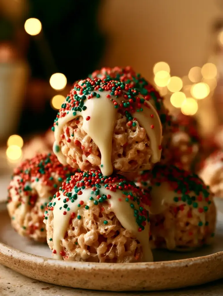 Detalle del glaseado de chocolate blanco cayendo sobre una bolita de cereal decorada con sprinkles rojos y verdes.