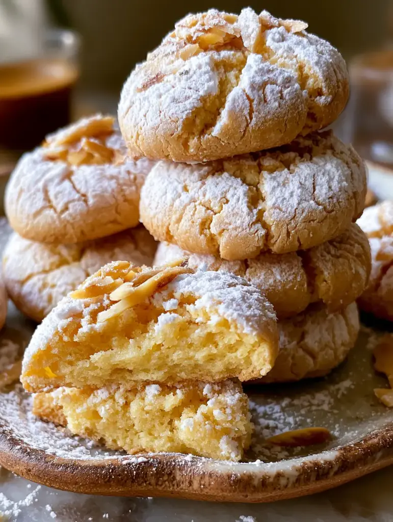 Galletas de ricotta craqueladas con abundante azúcar impalpable y almendras tostadas.