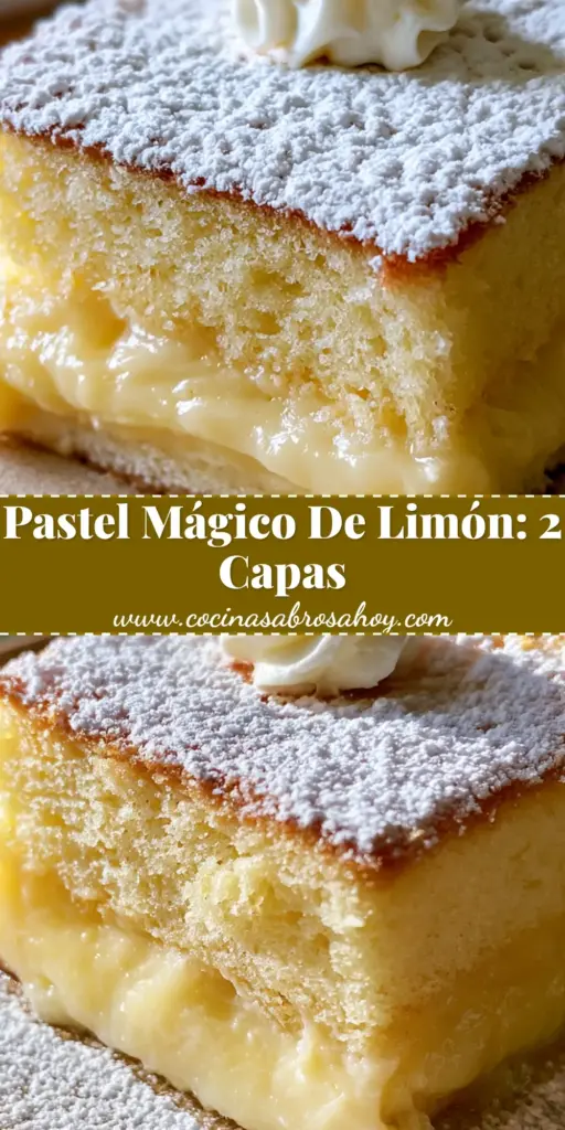Rebanada cuadrada de pastel mágico de limón con capas visibles de natilla y bizcocho sobre un plato cerámico rústico. (pastel mágico de limón)