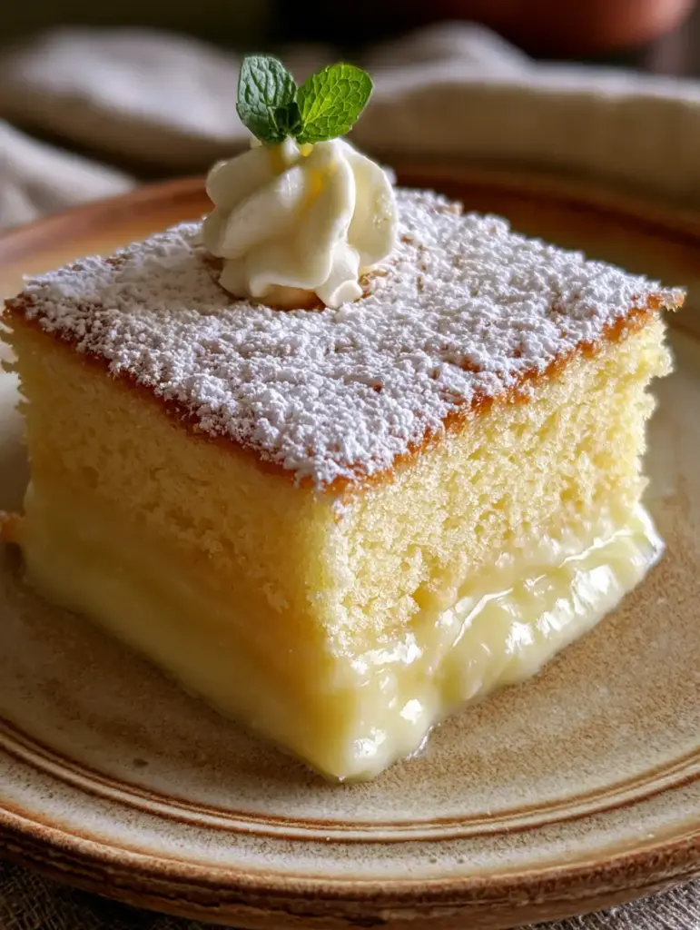 Porción de pastel inteligente de limón decorada con crema batida y menta en una mesa de madera rústica.