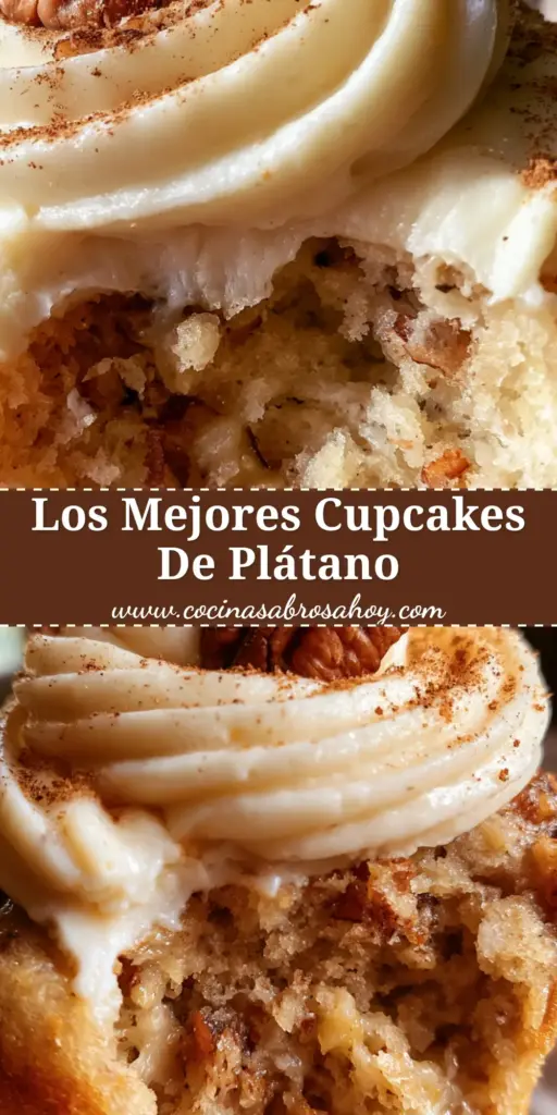 Primer plano de cupcakes de plátano con remolino alto de frosting de queso crema y una nuez pecán entera.