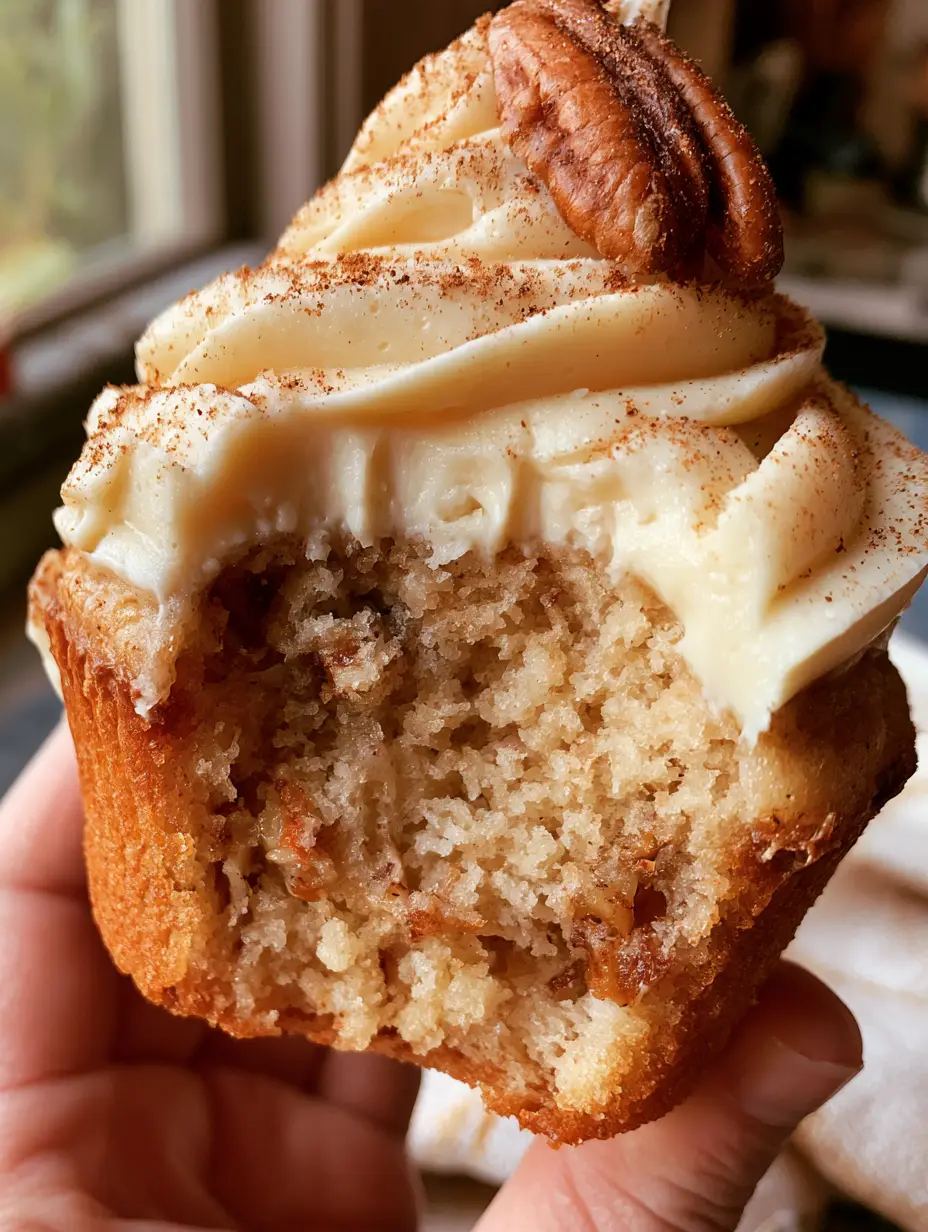 Foto de mano sosteniendo un cupcake de plátano con un mordisco, revelando el interior dorado y esponjoso. (cupcakes de plátano)