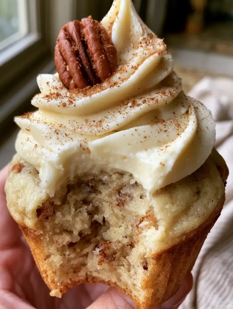 Detalle del frosting de queso crema con canela espolvoreada sobre un cupcake de plátano.