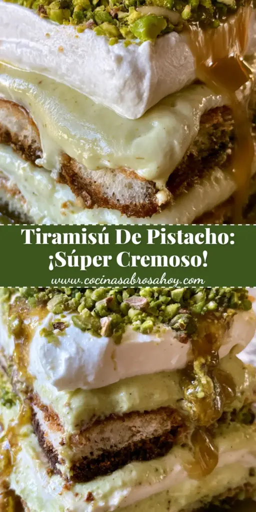 Primer plano de una porción de tiramisú de pistacho con capas visibles de bizcocho café y crema verde, cubierto con pistachos picados.