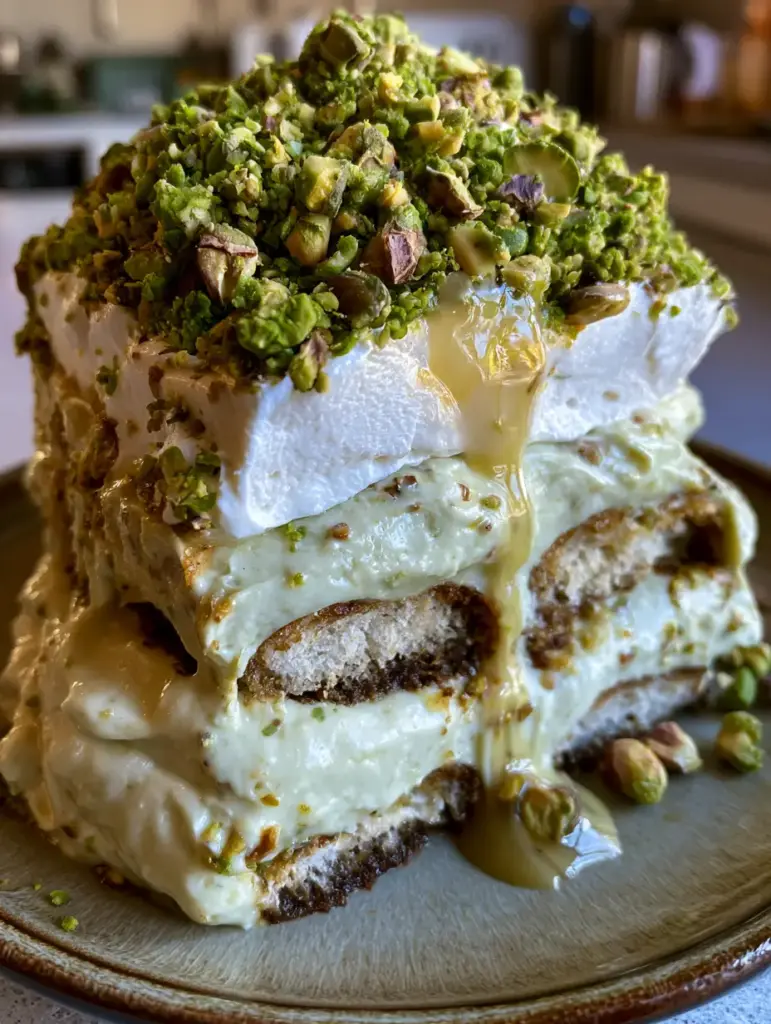 Foto cercana de la parte superior del tiramisú de pistacho con lluvia de pistachos troceados y luz natural.
