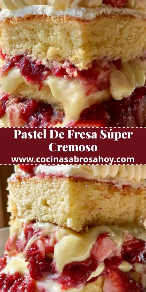 Una rebanada alta de pastel de fresa con capas de crema pastelera y fresas frescas en un plato blanco. (pastel de fresa)