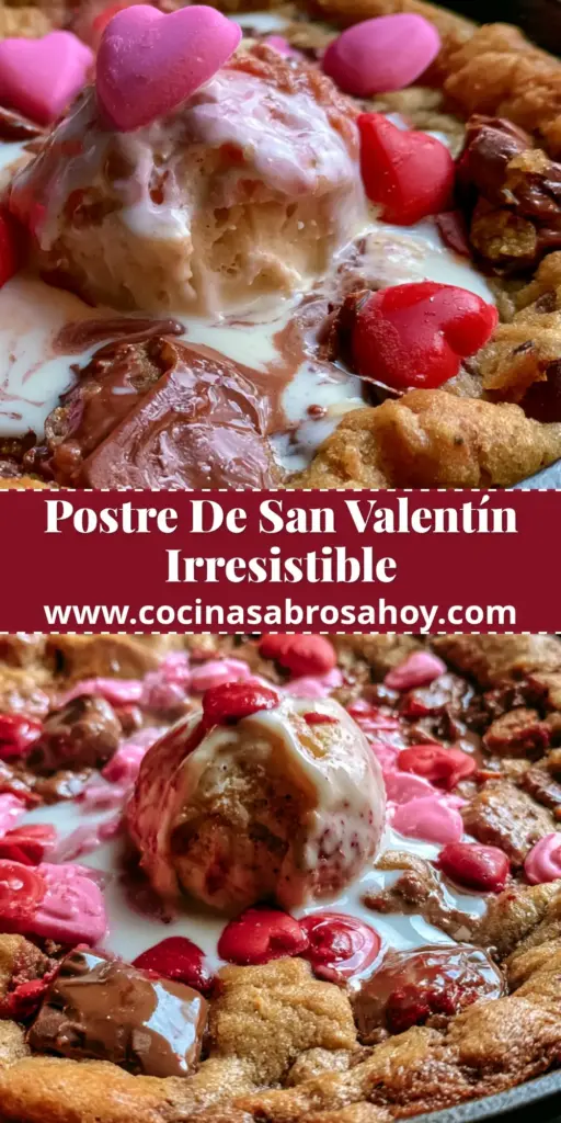 Primer plano de una galleta en sartén caliente con helado de vainilla derritiéndose, corazones rosas y rojos y sal marina.