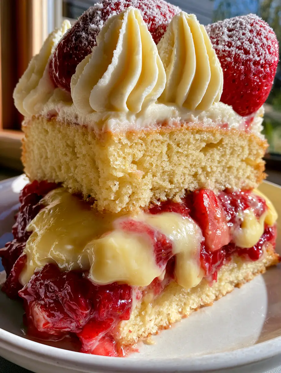 Vista de cerca de las capas de bizcocho dorado y crema pastelera fluyendo con fresas rojas. (pastel de fresa)