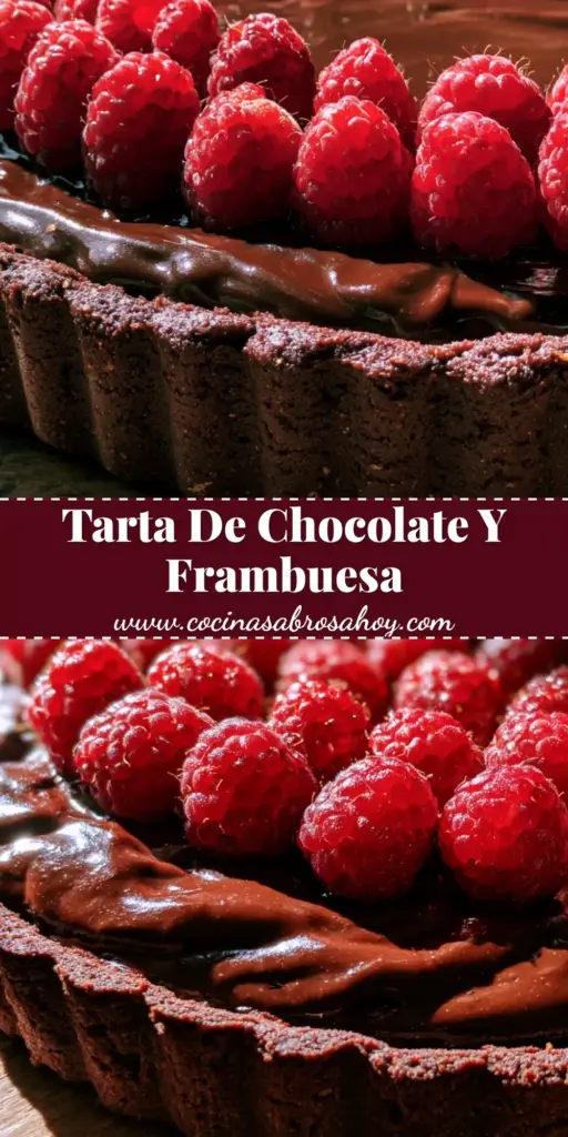 Primer plano vertical de una tarta de chocolate decadente con frambuesas frescas y una base de cacao oscuro sobre una mesa de madera rústica.