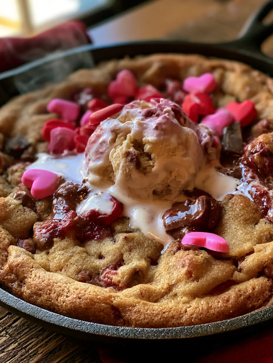 Foto cenital de galleta en sartén de hierro fundido con trozos de chocolate brillantes y vapor sutil. (galleta en sartén)