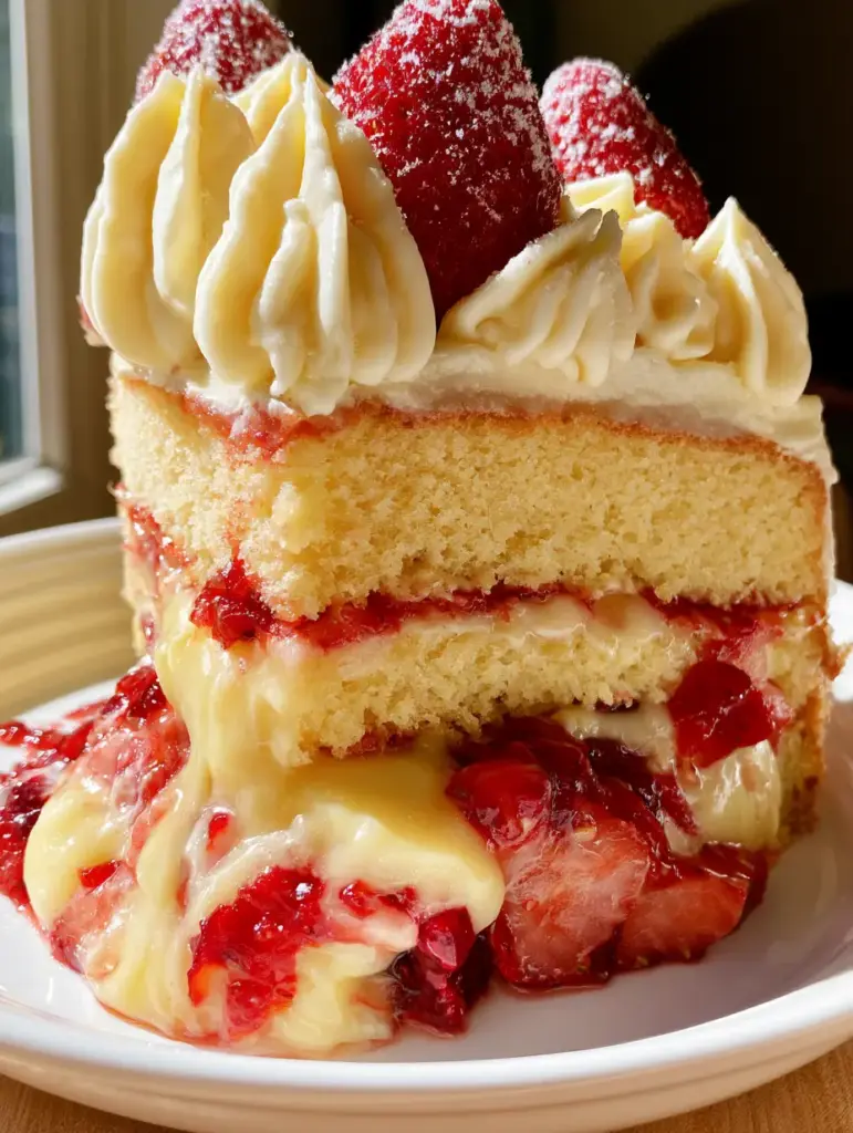 Tope del pastel de fresa con remolinos de nata, fresas enteras y azúcar glass bajo luz natural.