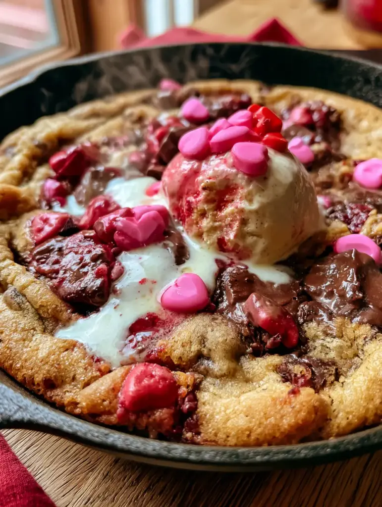 Helado de vainilla derritiéndose sobre una galleta en sartén gigante decorada con corazones de chocolate rojos.