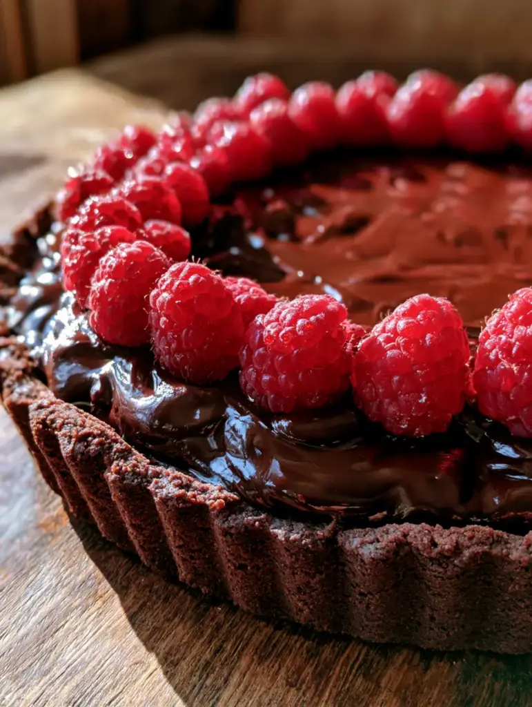 Vista cenital de la tarta de chocolate decorada con un anillo de frambuesas rojas vibrantes y hojas de menta.