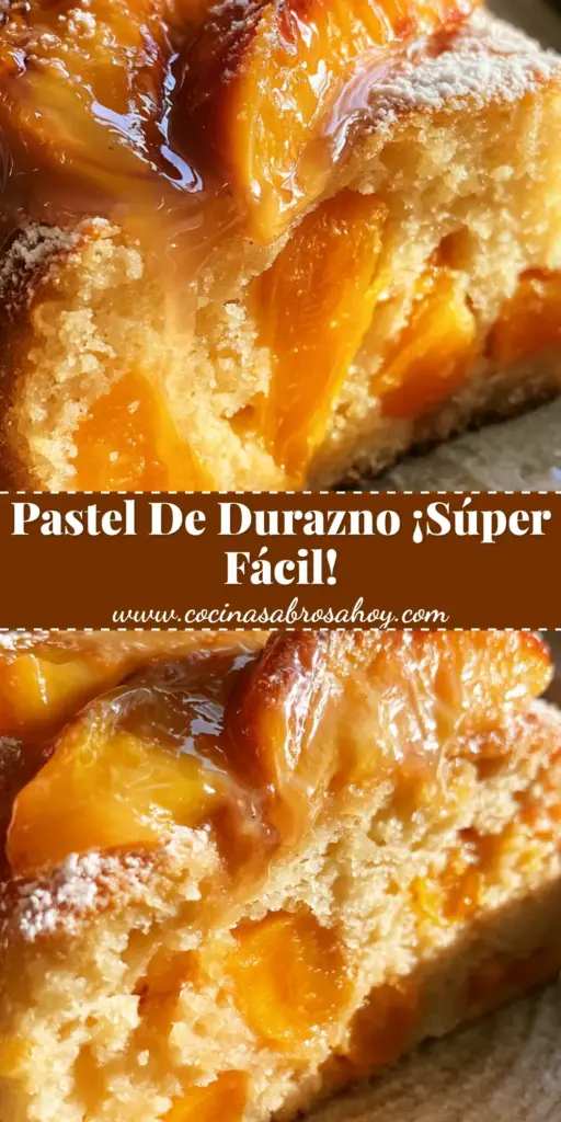 Una rebanada gruesa de pastel de durazno con miga dorada, trozos de fruta y cobertura caramelizada sobre un plato rústico. (pastel de durazno)