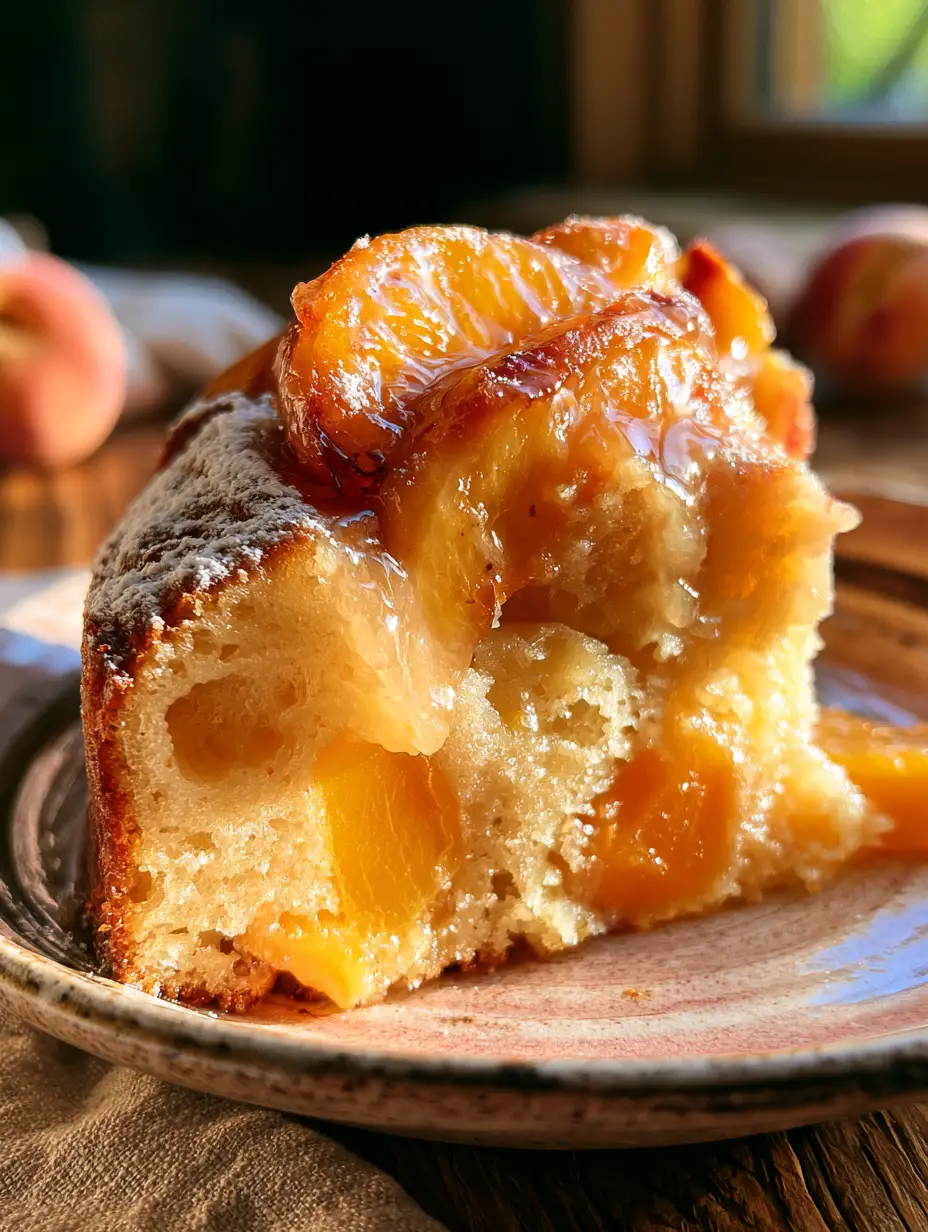 Primer plano de un bizcocho de durazno mostrando la textura de la miga y los trozos de fruta. (pastel de durazno)