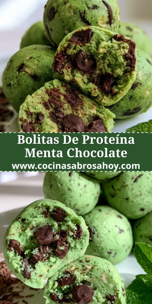Stack de bolitas de proteína de color verde menta con trozos de chocolate oscuro en un plato blanco. (bolitas de proteína)