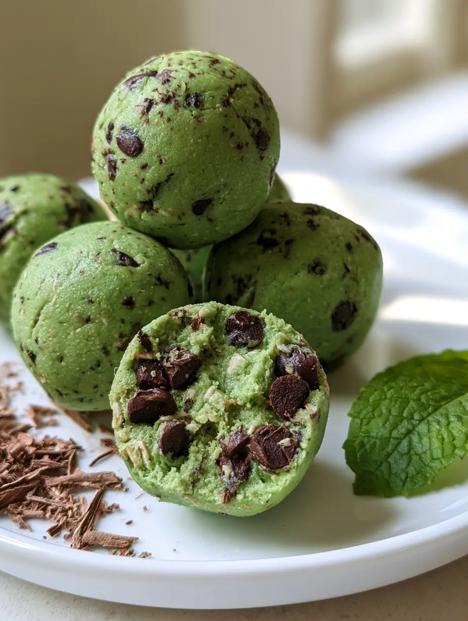 Foto de primer plano de bolitas de proteína verdes con chispas de chocolate mostrando su interior denso y suave. (bolitas de proteína)