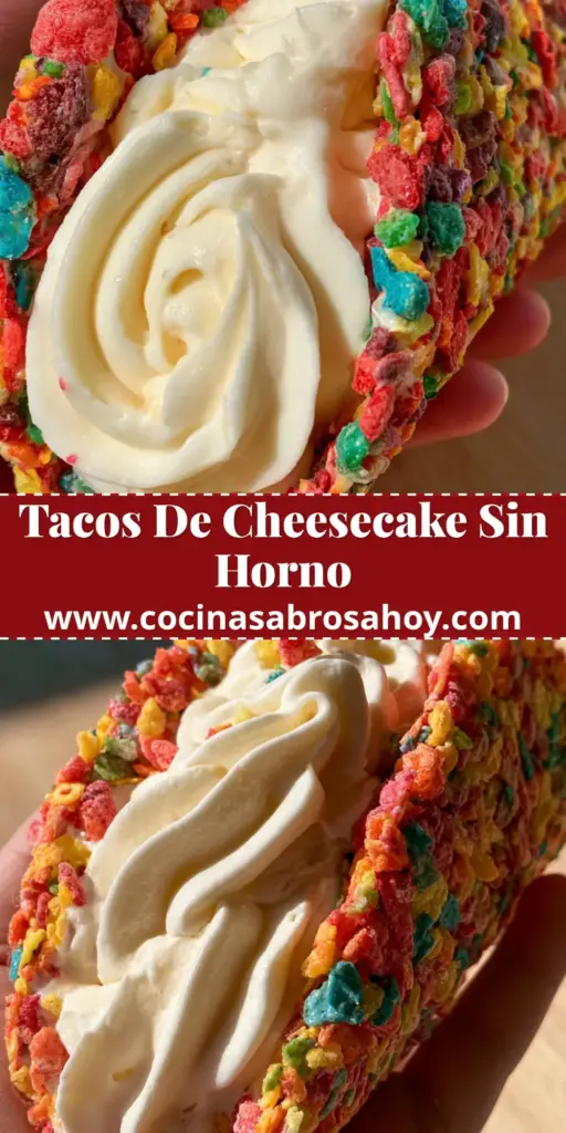 Primer plano de un taco de cheesecake con concha de cereal Fruity Pebbles y relleno de crema blanca espesa. (tacos de cheesecake)