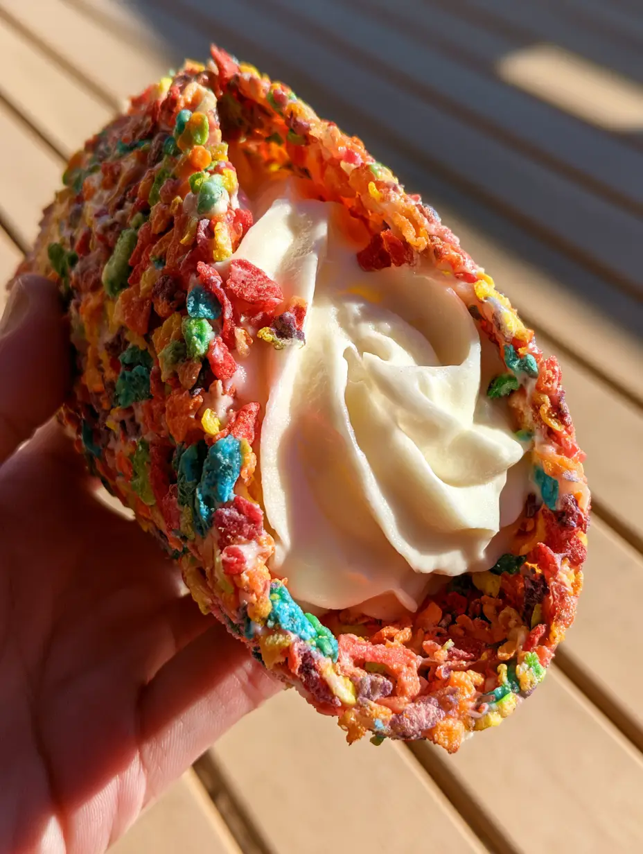 Foto real de mano sosteniendo un taco de cheesecake de Fruity Pebbles sobre mesa de madera. (tacos de cheesecake)