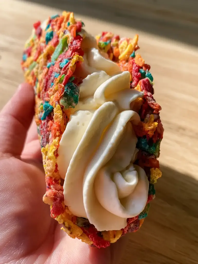 Macro de la mousse de queso crema con vainilla dentro del taco de cereal colorido.