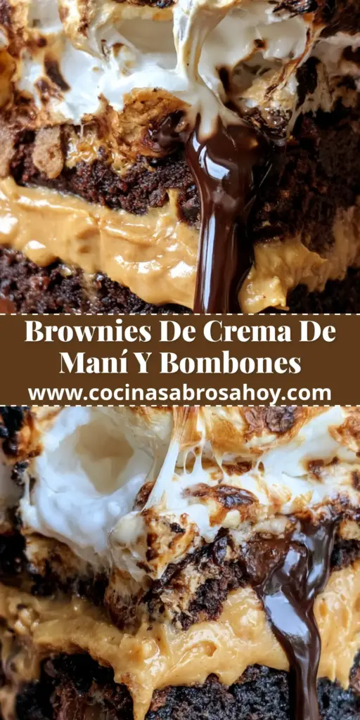 Primer plano de un brownie de crema maní con capas visibles de chocolate, mantequilla de cacahuate y nubes tostadas con ganache.