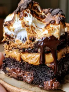 Mano sosteniendo un brownie de crema maní extremadamente meloso mostrando la textura del malvavisco y el chocolate derretido.