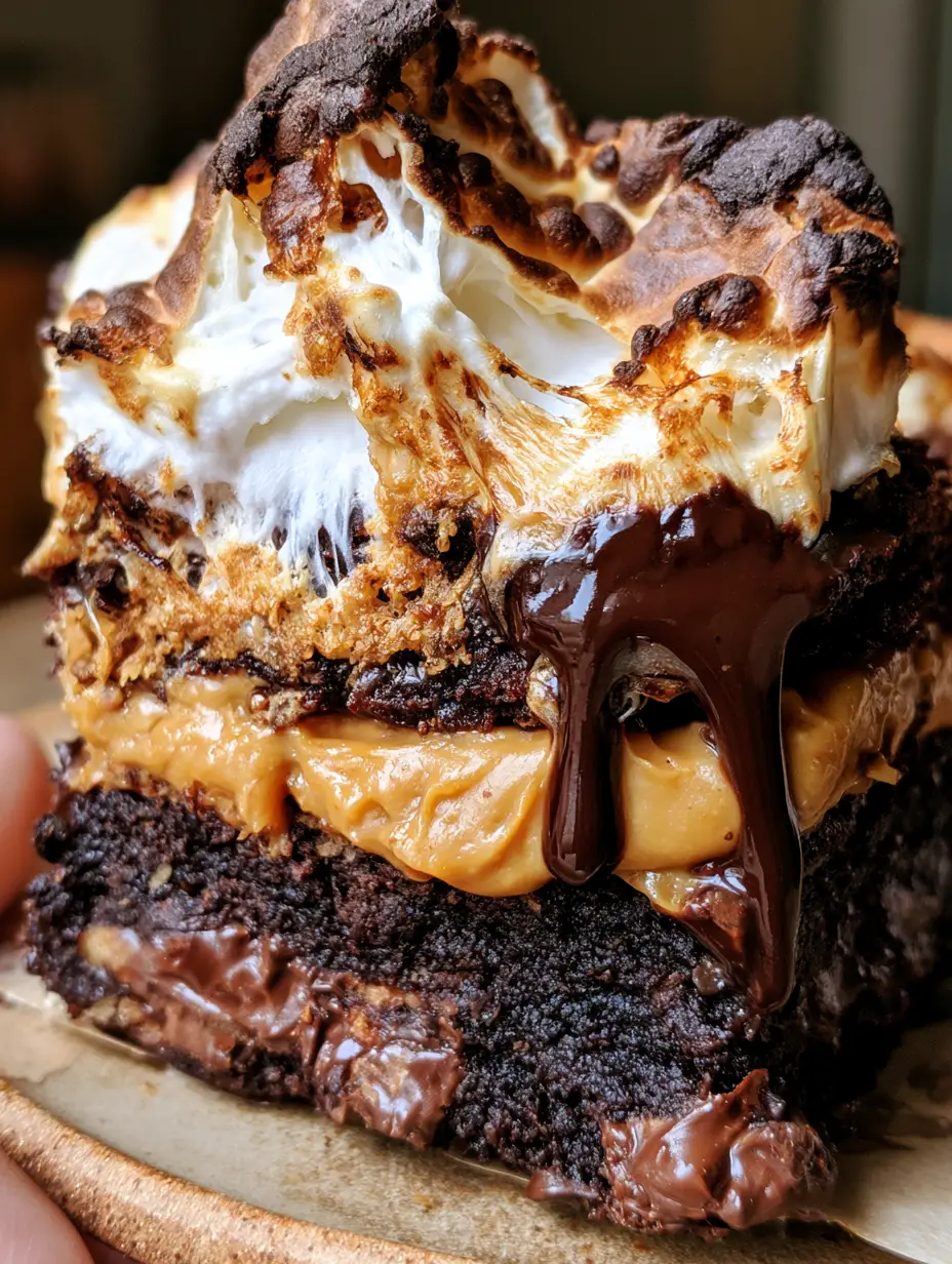 Mano sosteniendo un brownie de crema maní extremadamente meloso mostrando la textura del malvavisco y el chocolate derretido.