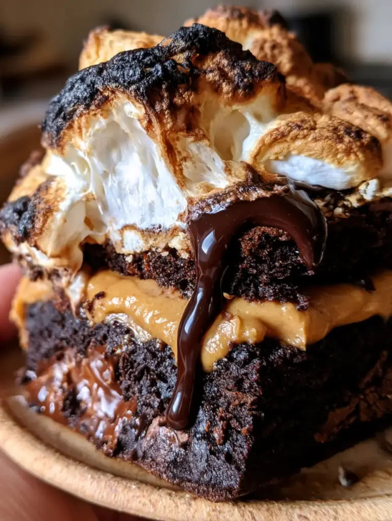 Vista lateral de un brownie de crema maní en un plato rústico con ganache chorreando por los lados.
