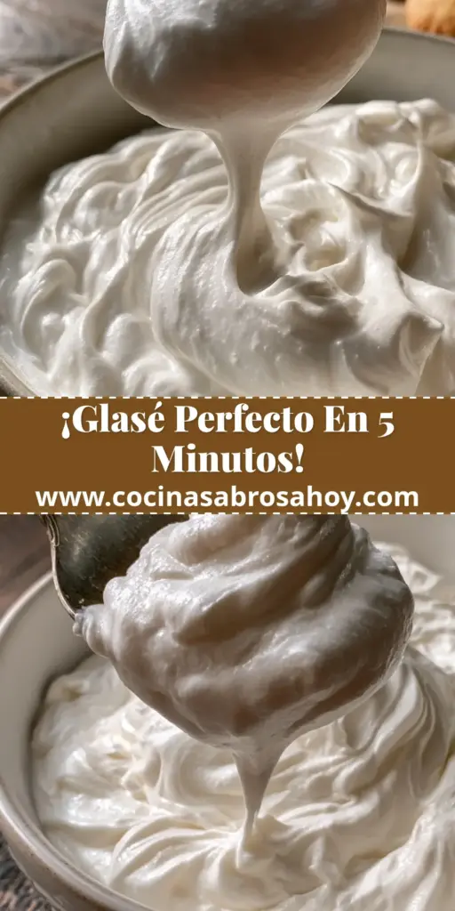 Cuchara de plata levantando un glasé de azúcar glass denso y ultra brillante sobre un bol de cerámica en una mesa de madera.
