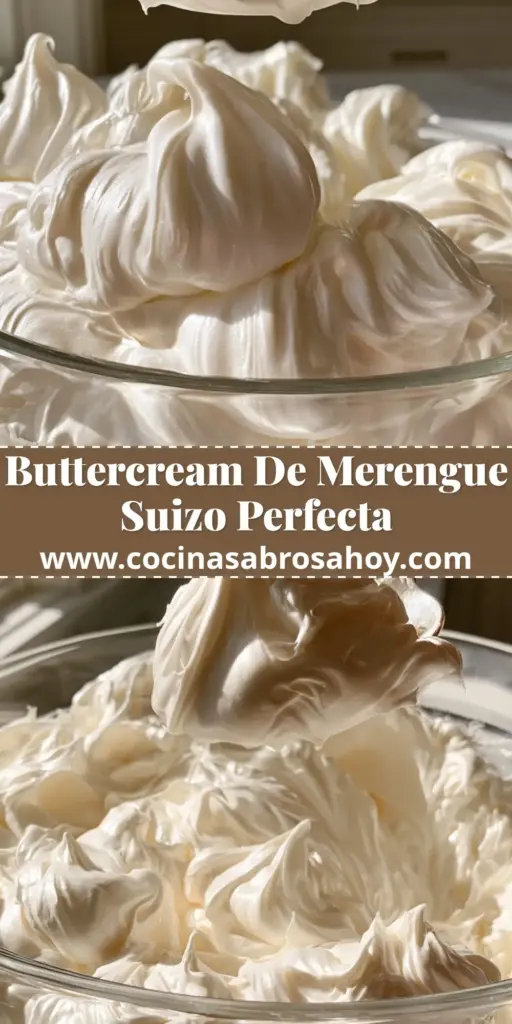 Primer plano de una cuchara de plata levantando una porción generosa de buttercream de merengue suizo sobre un tazón de cristal y encimera de mármol.
