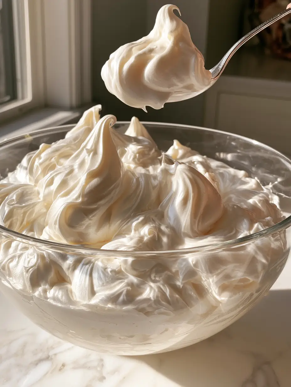 Tazón de cristal lleno de remolinos de buttercream de merengue suizo con brillo perlado en una cocina moderna.