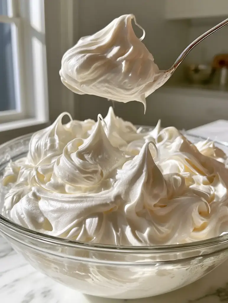 Detalle de los picos rígidos y la textura sin burbujas del buttercream de merengue suizo bajo luz natural.