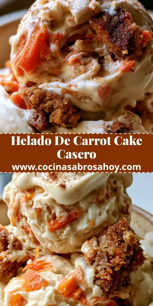 Primer plano de una bola generosa de helado de pastel zanahoria en un bol rústico con trozos visibles de bizcocho y crema.