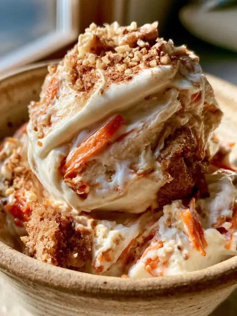 Bol de cerámica con helado de pastel zanahoria, nueces trituradas y una pizca de canela bajo luz natural.