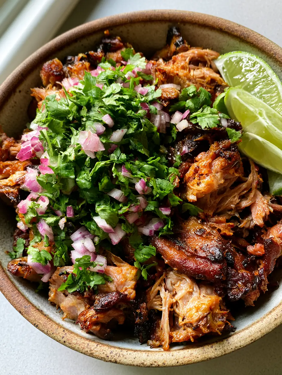 Primer plano de carnitas de cerdo con gajos de lima y gotas de jugo relucientes.
