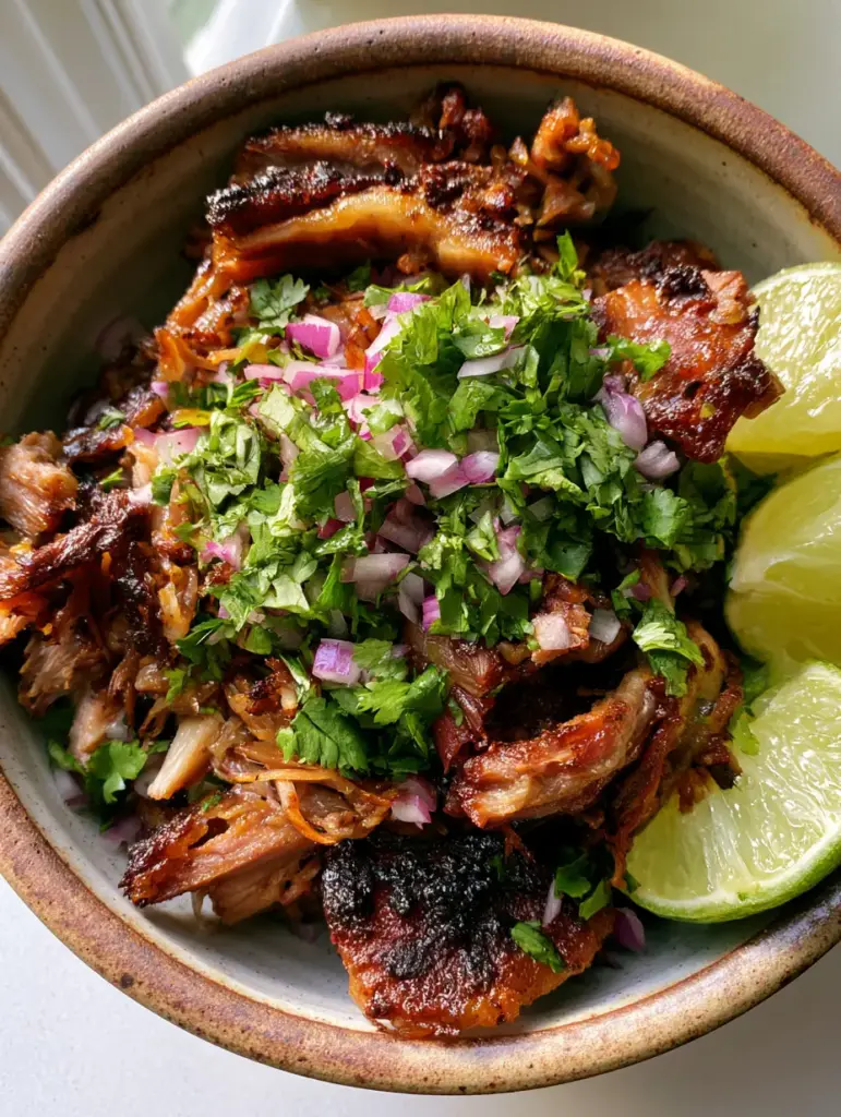Vista superior de carnitas de cerdo en un ambiente de cocina neutro y luminoso.